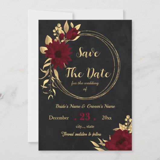 Chique bordeaux en goud zwart save the date (Voorkant)