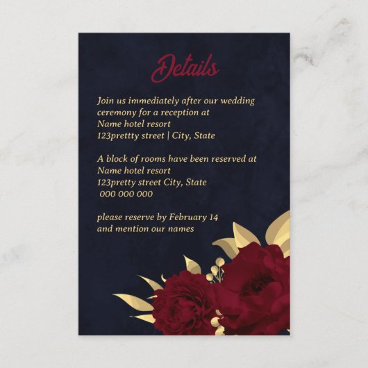 Chique bordeaux en gouden marine bruiloft informatiekaartje (Voorkant)