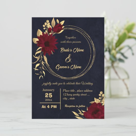 Chique bordeaux en gouden marine bruiloft kaart (Staand voorkant)