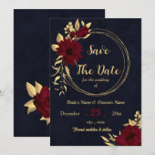 Chique bordeaux en gouden marine save the date (Voorkant / Achterkant)