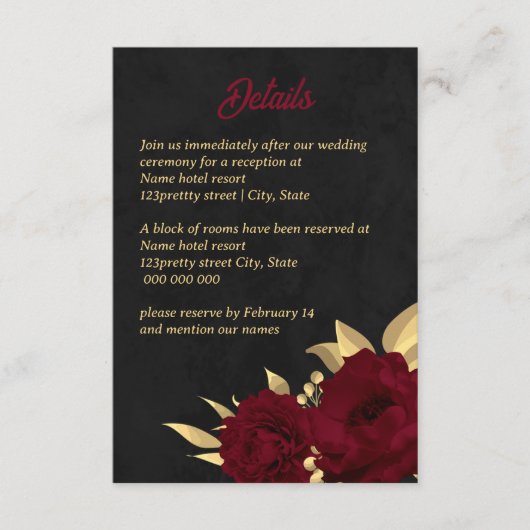 Chique bordeaux en gouden zwarte bruiloft informatiekaartje (Voorkant)