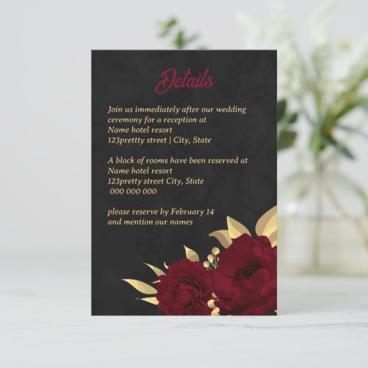 Chique bordeaux en gouden zwarte bruiloft informatiekaartje (Staand voorkant)