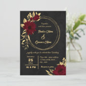 Chique bordeaux en gouden zwarte bruiloft kaart (Staand voorkant)