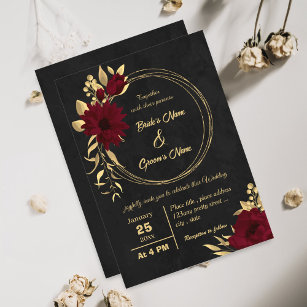 Chique bordeaux en gouden zwarte bruiloft kaart