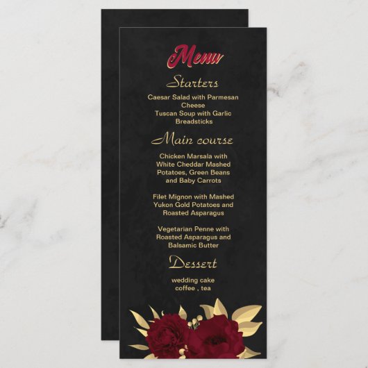Chique bordeaux en gouden zwarte bruiloft menu (Voorkant / Achterkant)