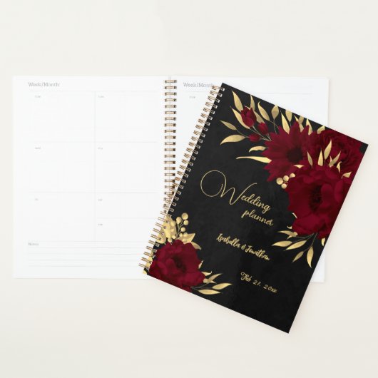 Chique bordeaux en gouden zwarte bruiloft planner (Display)