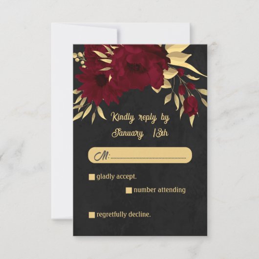 Chique bordeaux en gouden zwarte bruiloft RSVP kaartje (Voorkant)