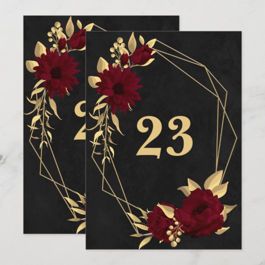 Chique bordeaux & goud zwart geometrisch tafelnumm kaart (Voorkant / Achterkant)