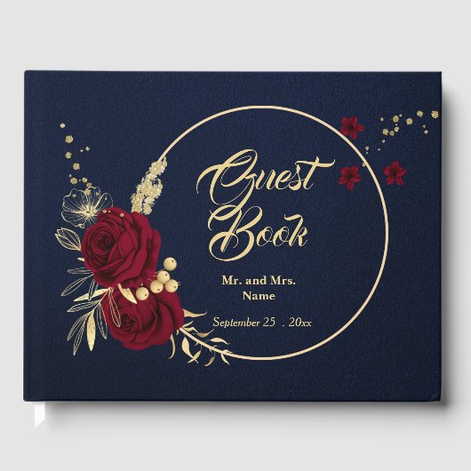 chique bordeaux gouden bloemenkrans marineblauw br gastenboek (Voorkant)