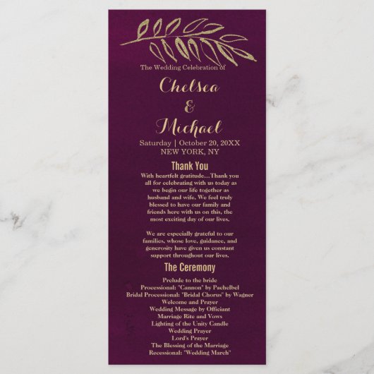 Chique bordeaux gouden glitter bladeren Programma Programmakaart (Voorkant)