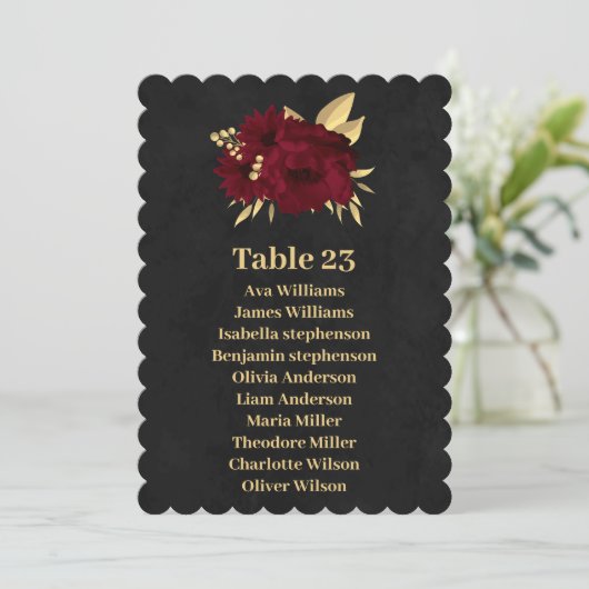 Chique bordeaux & gouden zwarte zitkaart kaart (Staand voorkant)