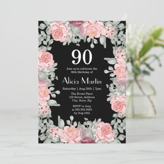 Chique bordeaux roze rozen Flora zwart 90ste verja Kaart (Staand voorkant)