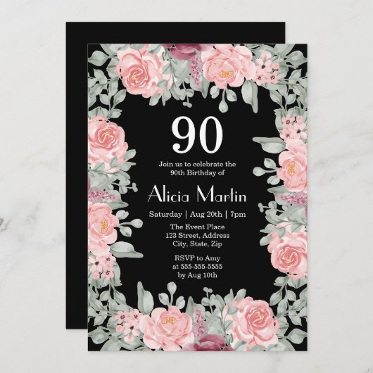 Chique bordeaux roze rozen Flora zwart 90ste verja Kaart (Voorkant / Achterkant)