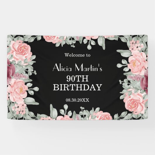 Chique bordeaux roze rozen Flora zwart 90ste verja Spandoek (Horizontaal)