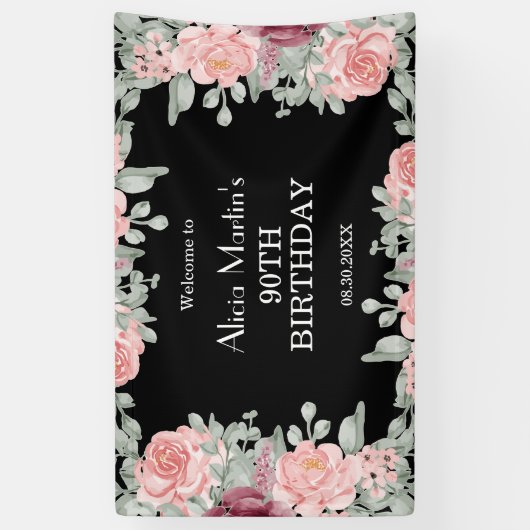 Chique bordeaux roze rozen Flora zwart 90ste verja Spandoek (Verticaal)