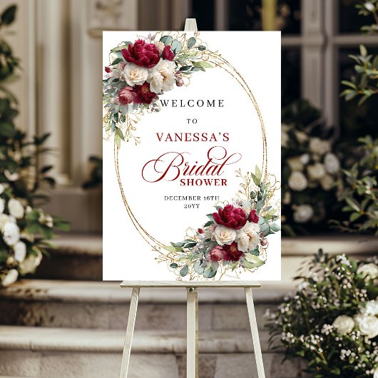 Chique bordeauxrode bloem gouden bruids-schover we poster