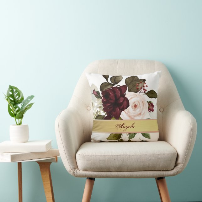 Chique bordeauxrode bloemen kussen (Stoel)