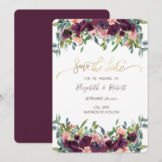 Chique bordeauxrode bloemen save the date (Voorkant / Achterkant)