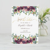 Chique bordeauxrode bloemen save the date (Staand voorkant)