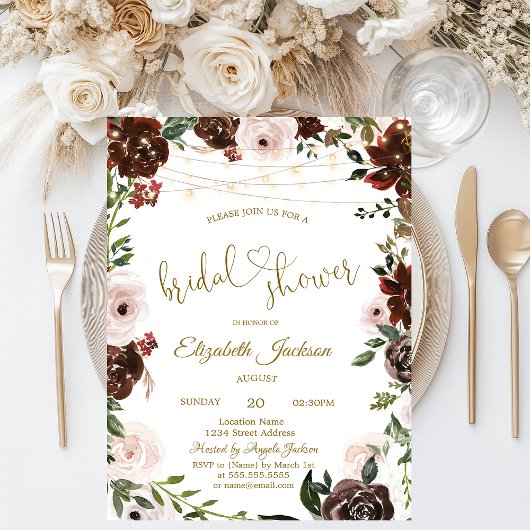 Chique bordeauxrode bloemen slingerlichten bruilof kaart
