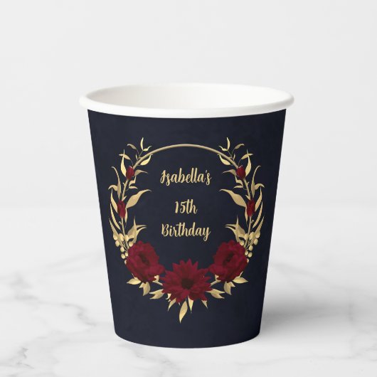 Chique bordeauxrood en goud donkerblauw papieren bekers (Voorkant)