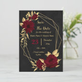 Chique bordeauxrood en goud zwart geometrisch save the date (Staand voorkant)