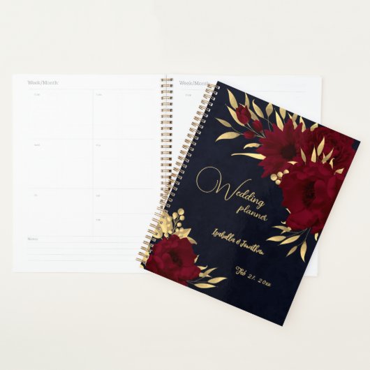 Chique bordeauxrood en goudnavigroene bruiloft planner (Display)