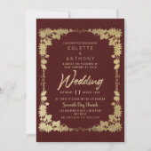 Chique bordeauxrood gouden bloemenframe rand Bruil Kaart (Voorkant)