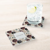 Chique bordeauxroomkleurige bloemen  glazen onderzetter (Schuin)