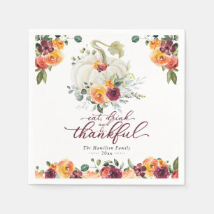Chique bordeauxroze bloem wit pompoen thanksgiving servet