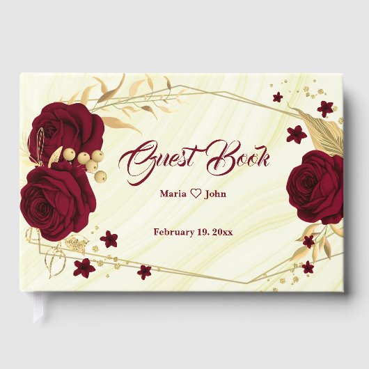 chique bordeauxroze bloemen gouden bladeren geomet gastenboek (Voorkant)