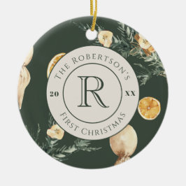 Chique bos Groene Waterverf Monogrammed Pas getrou Keramisch Ornament