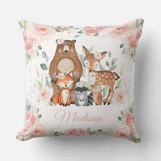 Chique bosdieren blozen roze bloemenkwekerij kussen (Voorkant)