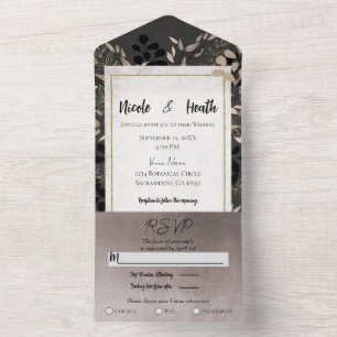 Chique botanische bladeren grijs blozend goud brui all in one uitnodiging