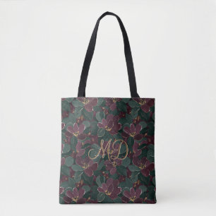 Chique botanische bloemendiepe smaragdpruim design tote bag