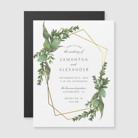 Chique botanische groenbladeren en gouden geometri magnetische uitnodiging (Voorkant / Achterkant)