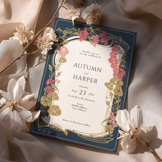 Chique botanische Navy en Blush Bruiloft Kaart