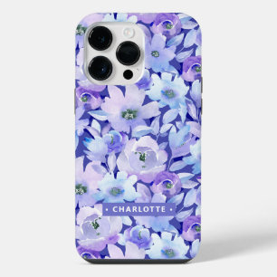 Chique botanische paarse blauwe waterverf bloem na iPhone 14 pro max hoesje