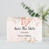 Chique botanische pioenroos vlinder Save The Date  Bedankkaart (Staand voorkant)