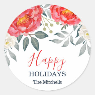 Chique Botanische Rode Ivoor Bloemen Kerstvakantie Ronde Sticker