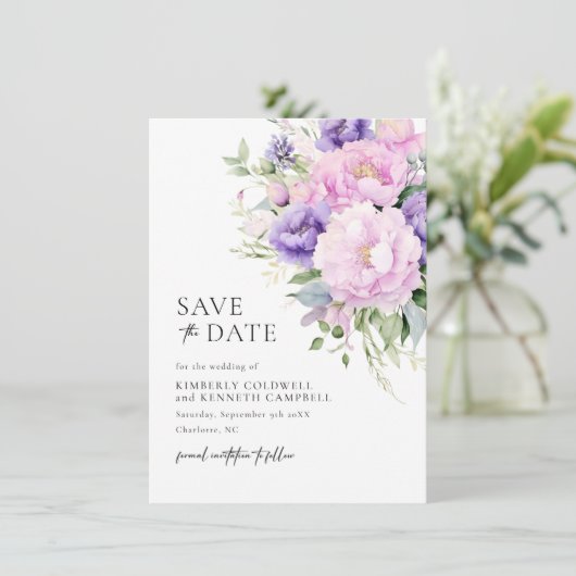 Chique Botanische Roze Lavendel Violet Bruiloft Save The Date (Staand voorkant)