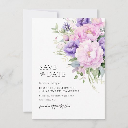 Chique Botanische Roze Lavendel Violet Bruiloft Save The Date (Voorkant)