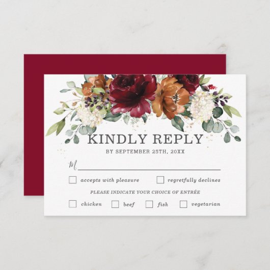 Chique Bourgogne Bloemen Bruiloft Maaltijd Keuze R RSVP Kaartje (Voorkant / Achterkant)