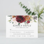 Chique Bourgogne Bloemen Bruiloft Maaltijd Keuze R RSVP Kaartje (Staand voorkant)