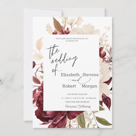 Chique Bourgogne Bloemen Bruiloft uitnodiging (Voorkant)