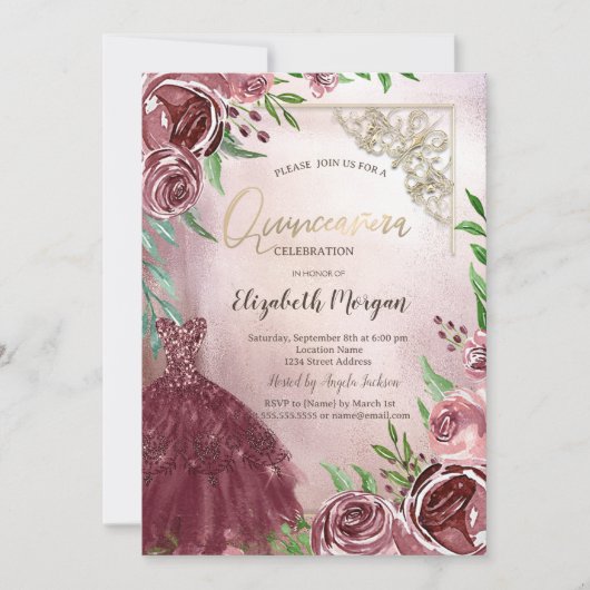 Chique Bourgogne Bloemen Jurk Goud Lijst Quinceane Kaart (Voorkant)