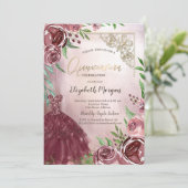 Chique Bourgogne Bloemen Jurk Goud Lijst Quinceane Kaart (Staand voorkant)