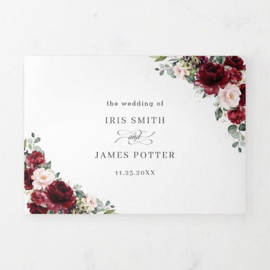 Chique Bourgogne Blush Bloemen Groen Bruiloft RSVP Drieluik Uitnodiging (Cover)