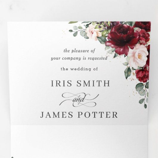 Chique Bourgogne Blush Bloemen Groen Bruiloft RSVP Drieluik Uitnodiging (Binnenzijde eerst)