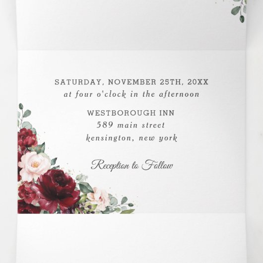 Chique Bourgogne Blush Bloemen Groen Bruiloft RSVP Drieluik Uitnodiging (Binnenkant midden)